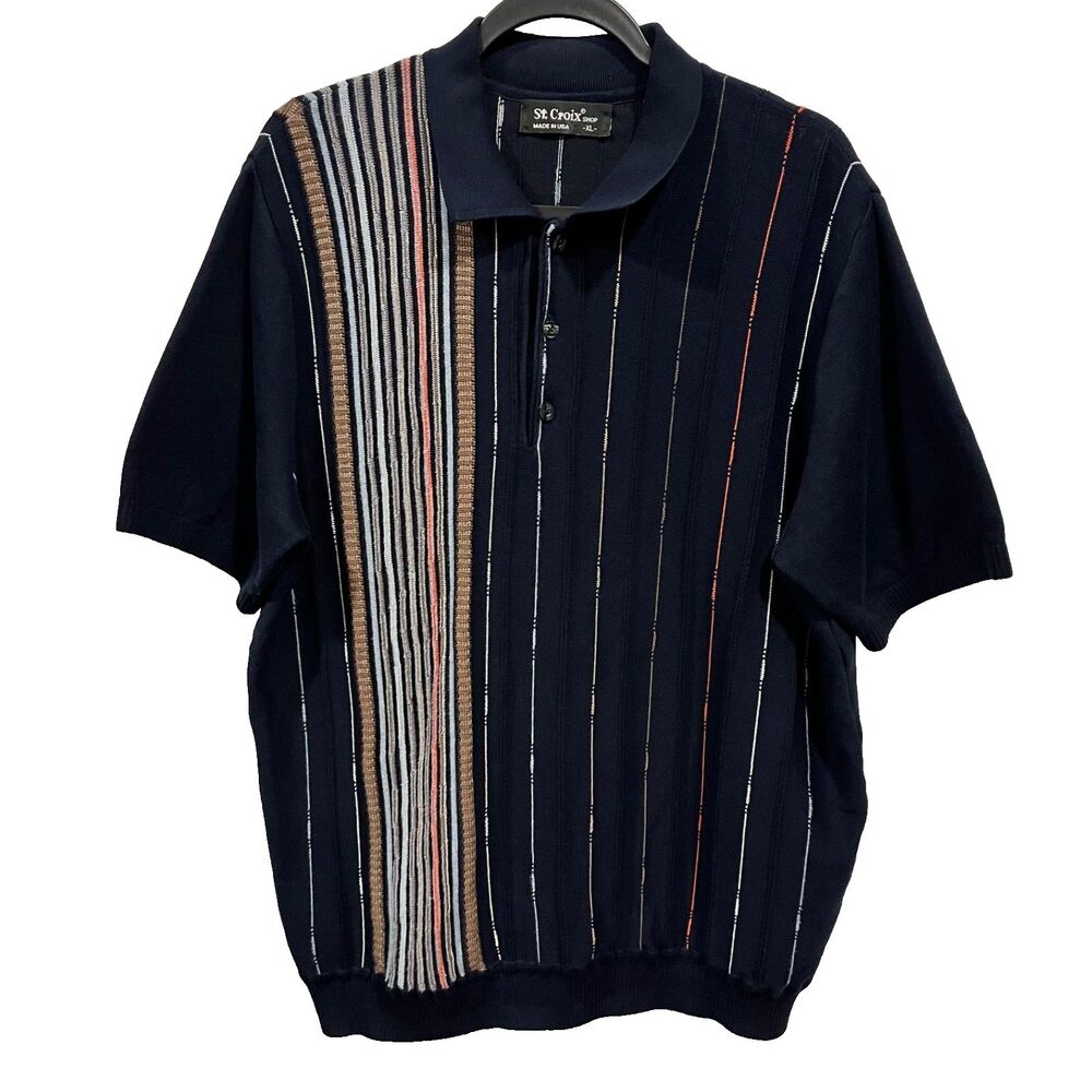 St. Croix Textured Knit Sweater XL Navy Blue Short Sleeve Preppy Old Money